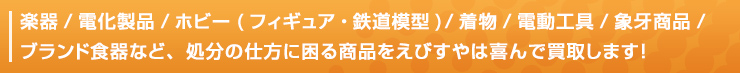 楽器/電化製品/ホビー(フィギュア・鉄道模型)/着物/電動工具/象牙商品/ ブランド食器など、処分の仕方に困る商品をえびすやは喜んで買取します！