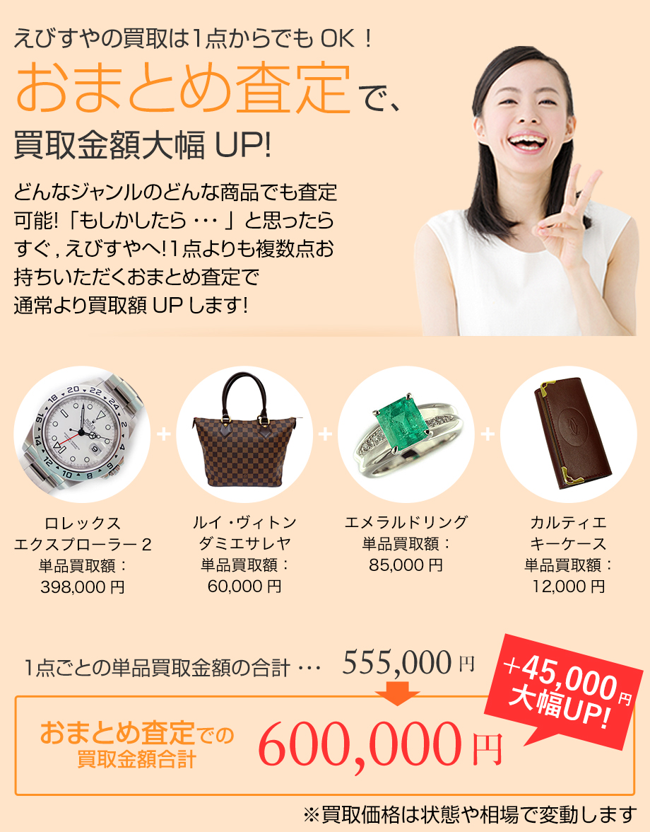 えびすやの買取は１点からでもOK！ おまとめ査定で、 買取金額大幅UP!